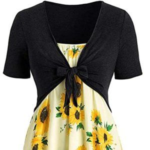 Women Sunflower Print Short Sleeve Dress x 2